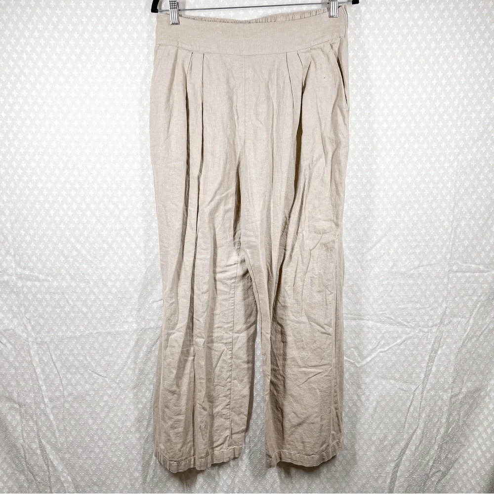 Abercrombie & Fitch Women Trousers Sz M Tan Linen Pleated High Rise Wide Leg - Picture 2 of 7